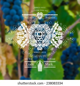 wine label with grapes pattern and vine on realistic background