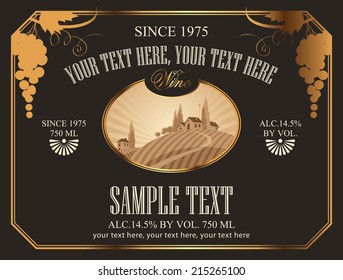 wine label with a landscape of vineyards