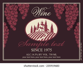 wine label with a landscape of vineyards