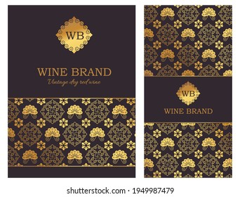 Wine label luxury design. Luxurious golden Chinese ornament on a black background. Packaging of wine and other products. Vector illustration.