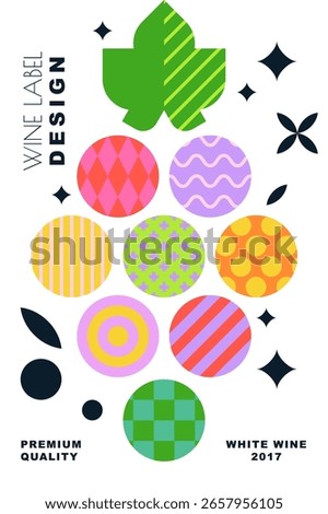Wine label modern design. Vector illustration of colorful grapes with geometric pattern. Concept for winery branding, restaurant menu, vineyard poster, bar packaging or alcohol product promotion