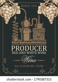 Wine label with an old wine production, hand-drawn bunch of grapes and calligraphic inscription on a light background. Vector label in retro style for red and white grape wine