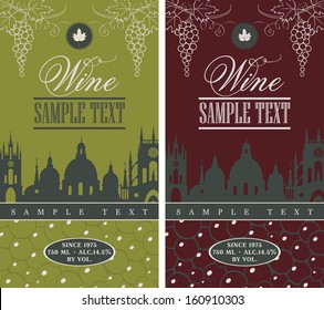 wine label with the old town and a bunch of grapes