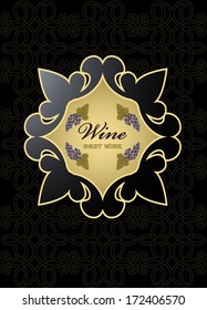 Wine label on a patterned dark background.