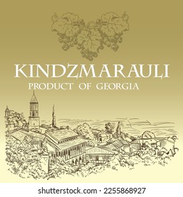 Wine label with a picture of Georgia Kakheti region. Old houses and roofs drawn by hand. 