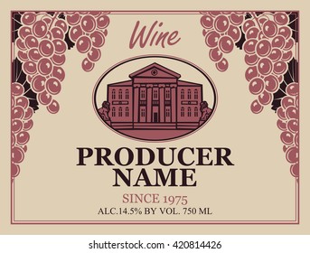 wine label in retro style image of a house with statues of lions and grapes