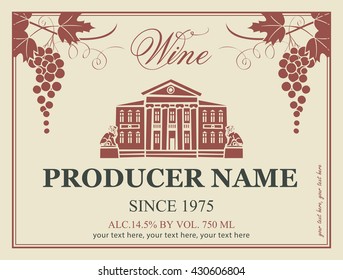 wine label in retro style image of a house with statues of lions and grapes