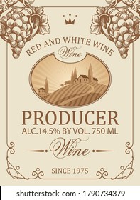 Wine label with a rural landscape of a European village and vineyards, decorated with hand-drawn grapes and inscriptions. Vector label in retro style on an old paper background in a frame with curls