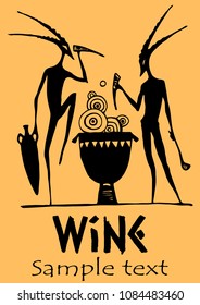 
Wine label satire vector illustration drink hand drawing silhouettes Greek antique wine drinking