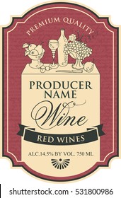 wine label with the silhouette of a still life from bottles and bowl of fruit