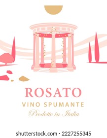 Plantilla de la etiqueta del vino con rotonda antigua clásica, para vino espumoso de rosa (rosato, vino spumante)