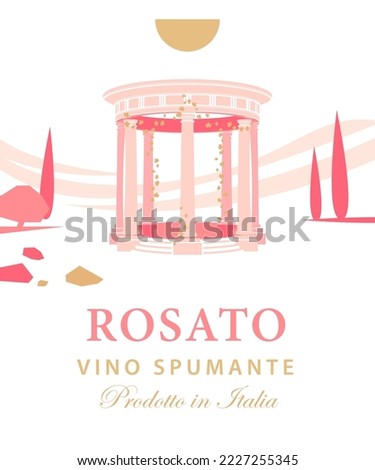 Wine label template with classic antique rotonda, for rose sparkling wine (rosato, vino spumante)