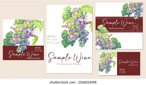 wine label template design set with hand painted watercolor illustration of grapes, for bottle, package, card, flyer, social media