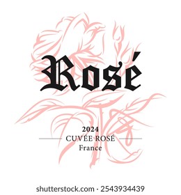 Wine label template with rose flower