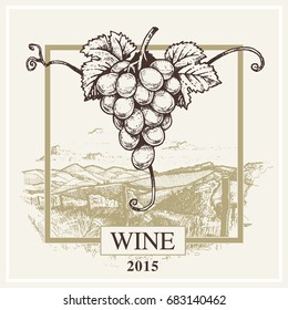 Wine label vector grape and landscape logo for winery