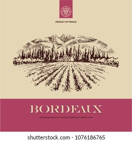 wine label, vineyard landscape hand drawn illustration