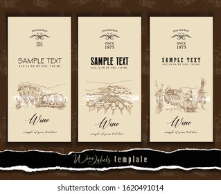 Wine label. Vineyard landscape hand drawn illustration, wine label design template. Vintage wine label. Drawing vineyard.