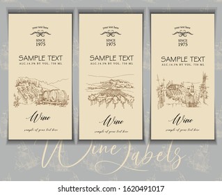 Wine label. Vineyard landscape hand drawn illustration, wine label design template. Vintage wine label. Drawing vineyard.