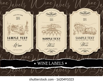 Wine label. Vineyard landscape hand drawn illustration, wine label design template. Vintage wine label. Drawing vineyard.