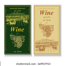 Wine label, vintage vector vertical banners with hand drawn grapes and rural landscape