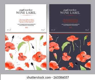 Wine label with watercolor red poppy. Vector template easy editable. In two versions - black and white. Floral motif perfects for original, exquisite packaging.