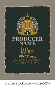 wine label with a wooden barrel and a laurel wreath
