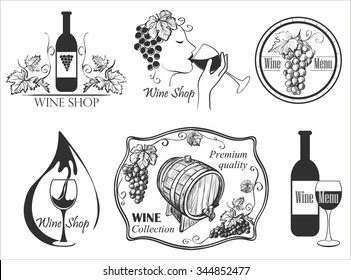Wine labels collection with bottle, glass, barrel, grapes, corkscrew, cheese, sommelier.
