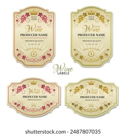 Wine labels designs. Vector set of labels for wine with bunches of grapes and crown. Design of the wine logo. Vector illustration.