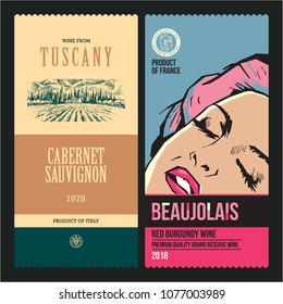 Wine labels. Drawing vineyard. Modern wine labels design template. Pop art woman.