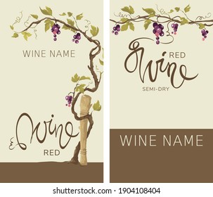 Wine labels with grapevine. Set vector illustration, floral design element	