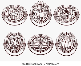Weinetiketten und Symbolsatz. Sammlungssymbol Wein. Vektorgrafik