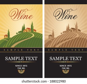 wine labels with a landscape of vineyards