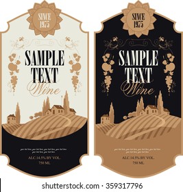 wine labels with a landscape of vineyards