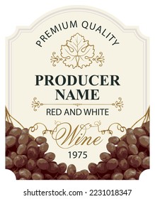 wine labels with realistic bunches of delicious red grapes and calligraphic inscriptions in figured frames on various backgrounds. Vector illustration. Collection of quality wines