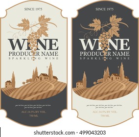 wine labels set with a landscape of vineyards