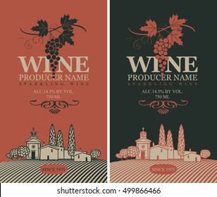 wine labels set with a landscape of vineyards