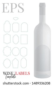 Wine labels template, vector with die cut / laser cut layers. Set with bottle labels. White, clear, blank, isolated bottle label mock up on white background