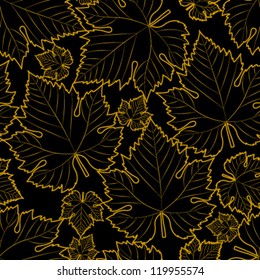 wine leaf yellow on black seamless pattern