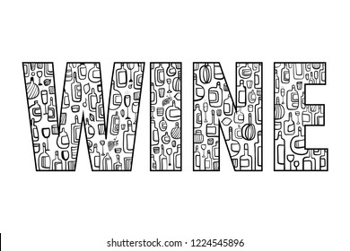 Wine lettering doodle illustration inside hand drawn in minimalistic stylefor prints posters presentation and banners