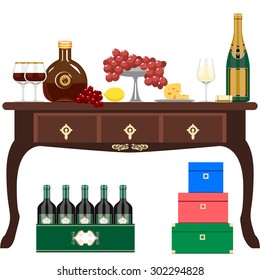 Wine and light refreshments on the classic table. The boxes under the table.