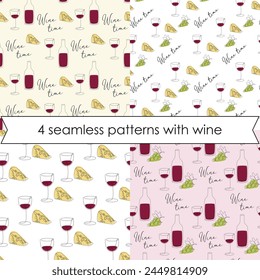 Wine line art elements in patterns. Set of 4 seamless patterns. Creative abstract design for prints