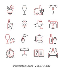 Wine line color icon set. Vector collection with glass, grape, barrel, bottle, cheese.