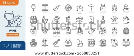 Wine line editable icon set. Containing wine glass, grape, wine bottle, corkscrew, vineyard, barrel, winery, and more. Editable stroke. Vector illustration
