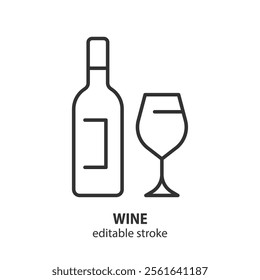 Wine line icon. Wine bottle with glass symbol. Editable stroke. Vector illustration.