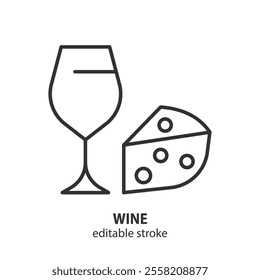 Wine line icon. Glass of wine and cheese symbol. Editable stroke. Vector illustration.