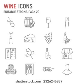 Juego de iconos de línea de vino, colección de alcohol, gráficos vectoriales, ilustraciones de logotipo, iconos vectores de bebida alcohólica, señales de bodega, pictogramas de contorno, trazo editable