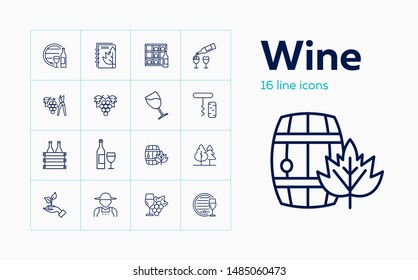 Wine line icon set. Bottle, glass, barrel, grape. Wine making concept. Can be used for topics like viticulture, industry, production