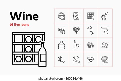 Wine line icon set. Bottle, glass, barrel, grape. Wine making concept. Can be used for topics like viticulture, industry, production