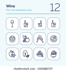 Wine line icon set. Set of line icons on white background. Drinking concept. Grape, fruit, bottle. Vector illustration can be used for topics like food, restaurant, cafe