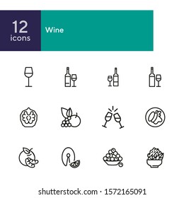 Wine line icon set. Set of line icons on white background. Drinking concept. Grape, fruit, bottle. Vector illustration can be used for topics like food, restaurant, cafe